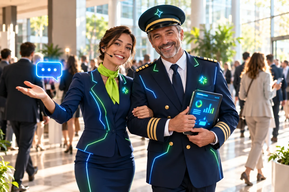 The front-office AI hostess and the back-office MCP captain, arm in arm in an event foyer