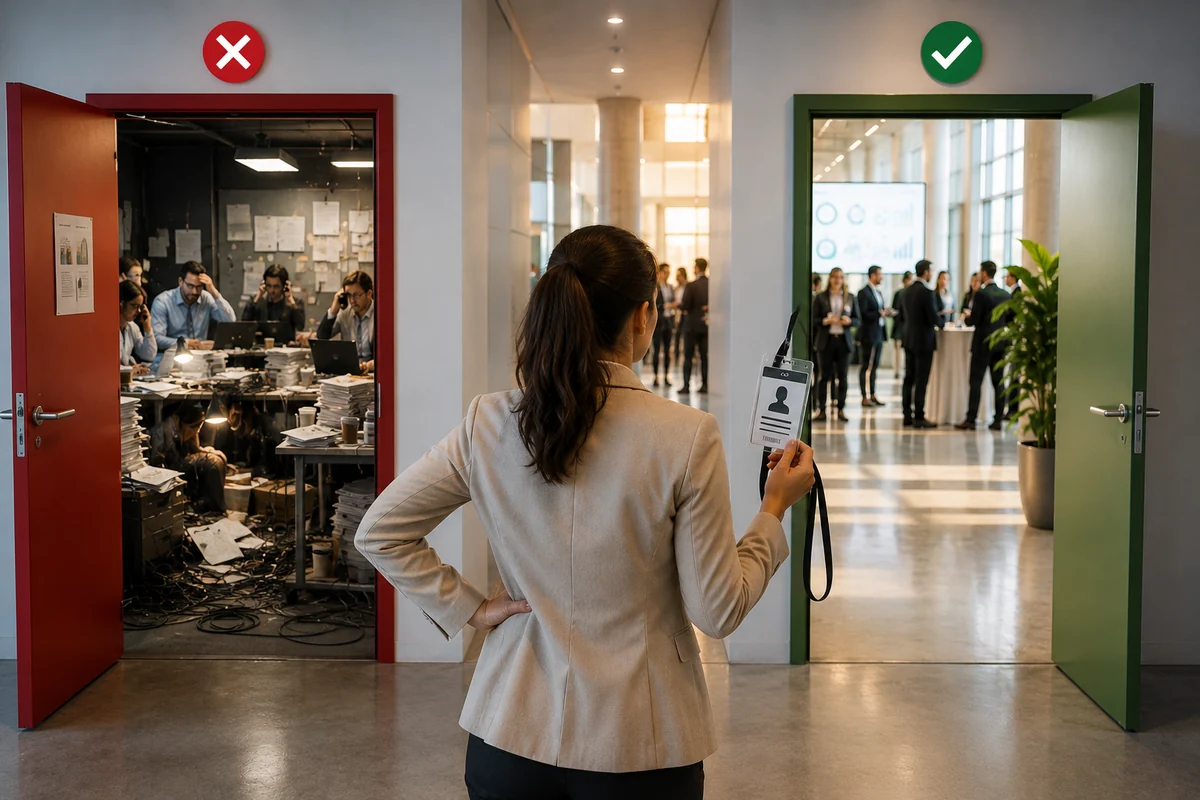 an event manager holding her badge in front of two doors, one opening onto a packed auditorium and the other onto a calm, orderly space