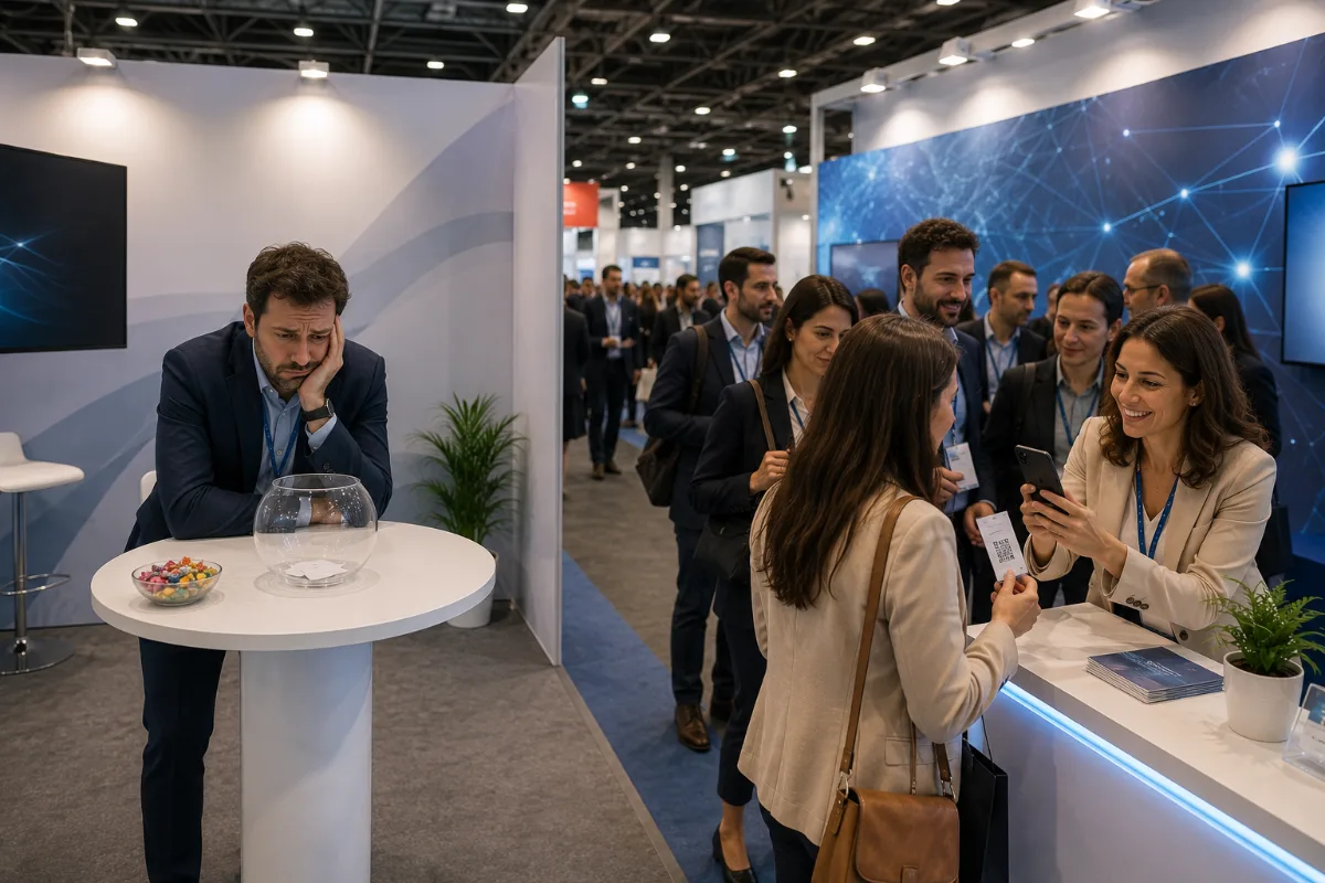 lead retrieval allo stand di una fiera con scansione del badge