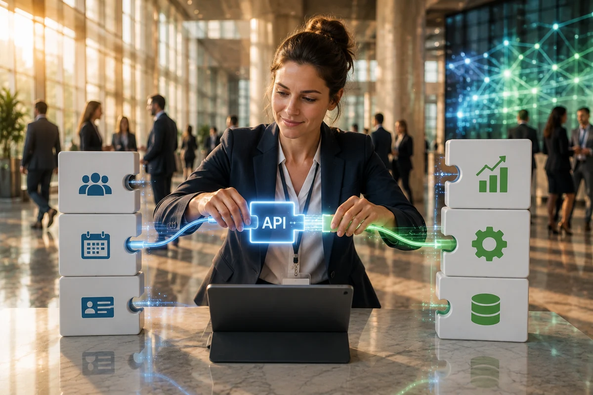 an event manager joining two groups of puzzle pieces through a glowing API block, connecting attendee data and calendars to business systems