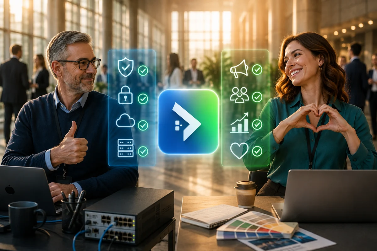 un responsabile IT fa un gesto di approvazione accanto a icone di sicurezza e conformità, una responsabile marketing forma un cuore con le mani accanto a icone di engagement