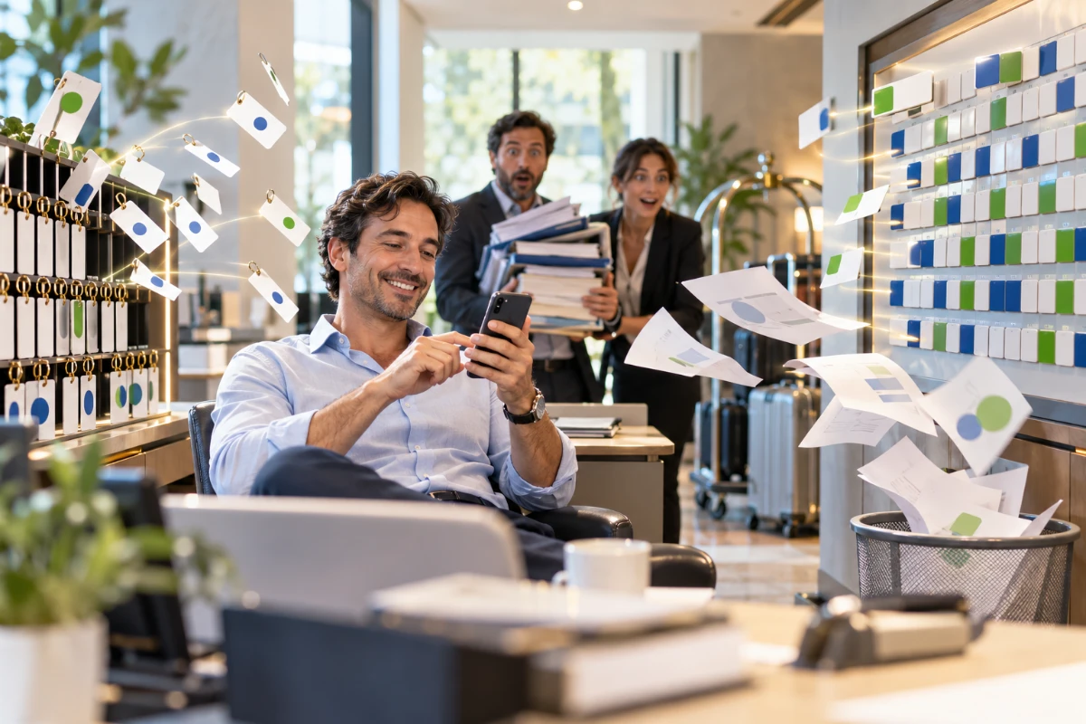 Organizzatore di eventi che conferma dal telefono mentre le camere dell'evento si assegnano da sole